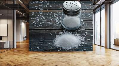 A salt shaker sits on a wooden table with a pile of salt on the table Wall mural