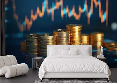 A stack of golden coins represents financial success and growth. The background features a chart of market trends, highlighting the potential for investment and wealth creation. Wall mural