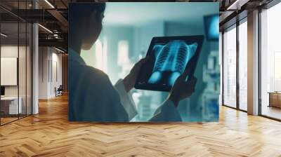 A woman is holding a tablet that displays a medical image of a woman's chest. The image appears to be a CT scan of the woman's lungs Wall mural