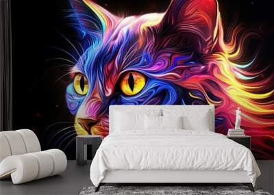 Abstract 3d colorful hologram cat animal drawing in dark background. AI generated Wall mural