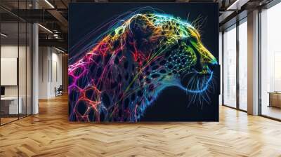 Abstract 3d colorful hologram cheetah animal drawing in dark background. AI generated Wall mural