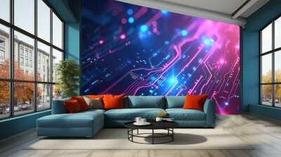 Abstract futuristic hi-tech digital circuit technology on blue pink neon background. AI generated Wall mural