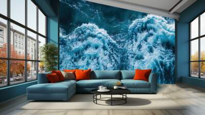 Aerial view of blue sea waves texture background. AI generated image Wall mural