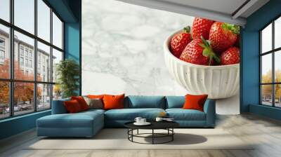 Close up fresh ripe red strawberries fruit in white bowl on the white marble table. AI generated Wall mural