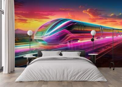 Colorful holographic High-speed train on dark background. AI generated image Wall mural