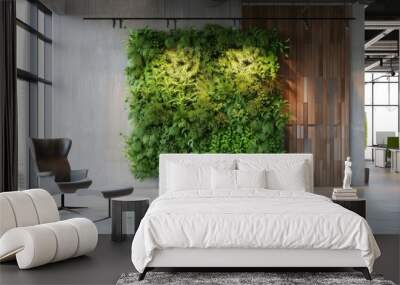 Green fresh plants in modern office wall for refreshing air circulation in the room. AI generated Wall mural