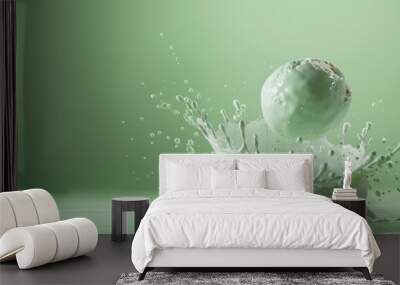 Green ice cream ball with splashes and flying isolated on pastel green background, copy space. Wall mural