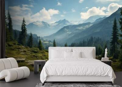 Mountain with pines forest with blue sky Wall mural