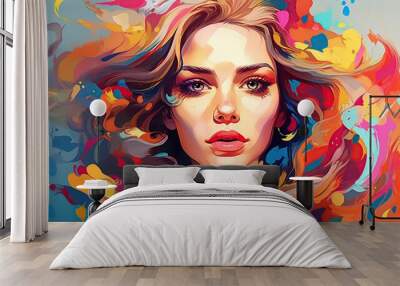 Portrait of a woman face with colored strokes paint pop art watercolor. AI generated Wall mural