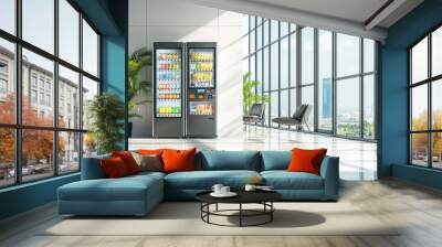 Two modern vending machines are located in the lobby of a contemporary office building with a large window overlooking a city skyline. Wall mural