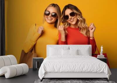 Two woman carrying shopping bags after going shopping on yellow background. AI generated image Wall mural