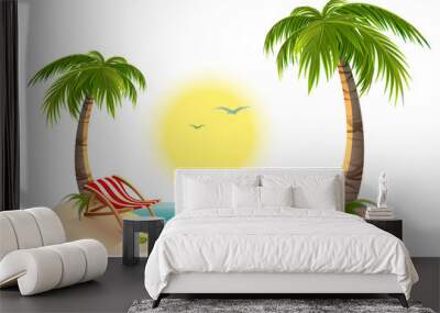 Beach chaise longue under palm tree. Summer vacation in tropics Wall mural