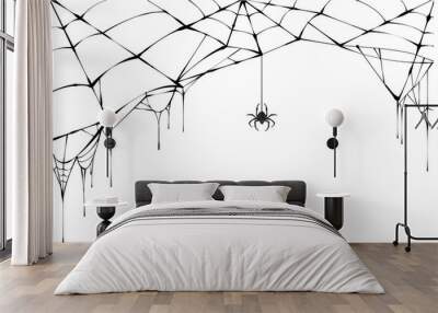 Black spider and torn web. Scary spiderweb of halloween symbol Wall mural