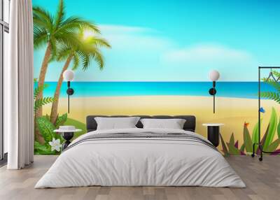 Tropical paradise island sandy beach, palm trees and sea Wall mural