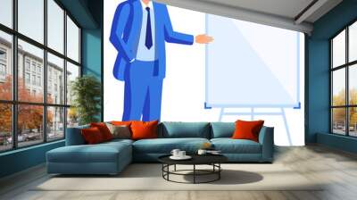 Young man businessman stands at flipchart and shows. Vector cartoon flat Wall mural