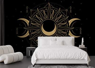 mysterious golden sun and moon vector design Wall mural