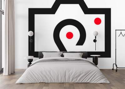 a logo formed by combining a camera icon and a location icon. The logo is black with 2 red circles. suitable for company logos or communities engaged in photography. Wall mural