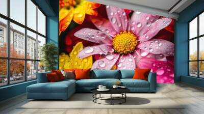 a bunch of bright colourful flowers with water droplets Wall mural