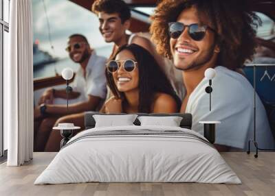 A group of happy young friends held a party on a luxury yacht, enjoying the luxurious atmosphere. Wall mural