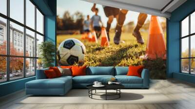 A junior soccer team leading the ball between cones during field practice on a sunny day. Wall mural