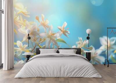 A Natural autumn background with delicate Jasmine flower flowers against blue sky Wall mural