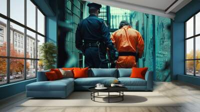 A picture of the back of an Orange jumpsuit prisoner being handcuffed and being arrested, with a police officer standing next to him Wall mural