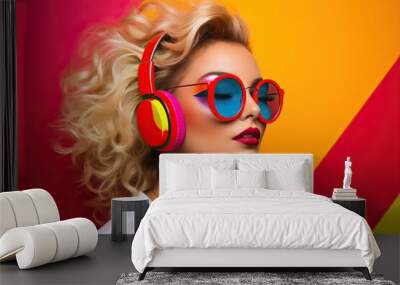 A pop art retro style pretty blonde young woman wearing headphones and on vibrant colorful background Wall mural