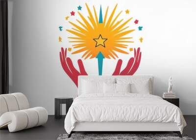 A success hands icon with two hands raised and holding a star, representing support and achievement. Wall mural