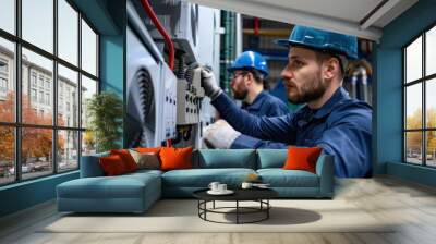 A team of electrical engineers work in front of an HVAC control panel. Technicians inspect air conditioning safety control systems. Wall mural