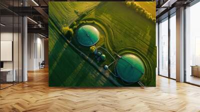 Aerial view over a green biogas storage tank. Biogas plants and farms in green fields Renewable energy from biomass modern agricultural concept Wall mural