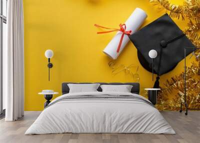 Arrangement with graduation cap Academic certificate on yellow background Graduation party concept Wall mural