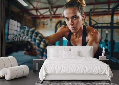 Athletic woman doing intense exercise using battle ropes in the gym. Exercise, health care Wall mural