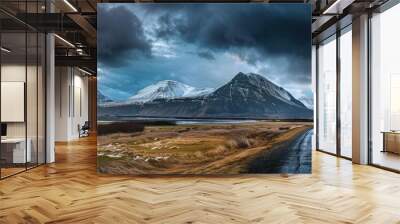 Beautiful mountains, sky with dark gray clouds. Mountain view in Iceland Wall mural