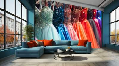 Bright evening dresses on the hangers in the store offer a fashionable selection of bright colors. Fashion, dressing, lifestyle Wall mural