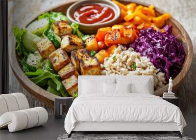 Brown rice, grilled vegetables, fried tofu on a wooden plate With healthy salad dressing Vegetarian menu Various nutrients Wall mural