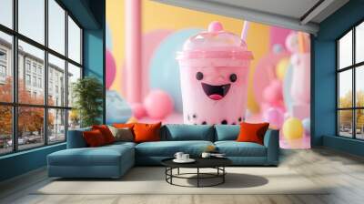 Bubble tea with a cute smiley face in a pastel-colored atmosphere Wall mural