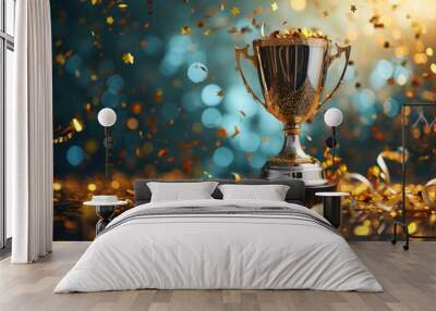 Champion trophy or silver trophy with celebration colored confetti and ribbon decoration. Wall mural