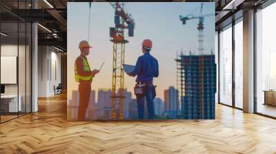 Experts inspect building construction areas Real estate project with civil engineer, investor using laptop Wall mural