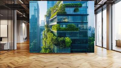 Green city of the future Modern cityscape with eco-friendly glass office buildings dotted with trees to reduce carbon footprint. Wall mural