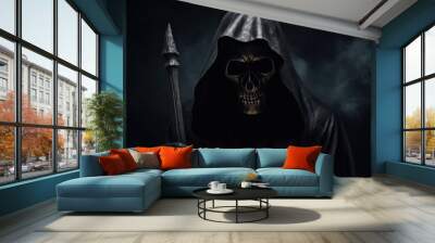 Grim Reaper on dark background, Halloween background, scary, angel of death, death. Wall mural