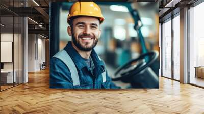 Happy young male worker in forklift driver's uniform on background manufacturing goods in warehouse. Wall mural