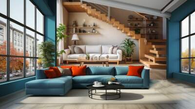 Interior design modern living room interior with wooden stairs Wall mural