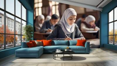 Muslim girl in hijab making notes in copybook while sitting Wall mural