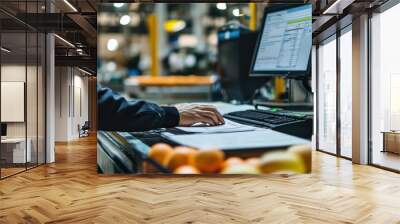 Officials' hands checking food export documents Table top with computer and digital scale : Food export document verification Wall mural