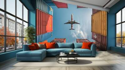 picture taken from an upward angle airplanes flying over overseas shipping containers logistics supp Wall mural