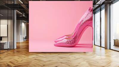 Pink high heels with glitter, pastel pink background. Wall mural