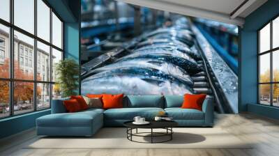 Raw sea fish on a factory conveyor belt modern food industry Fish processing factory. Wall mural