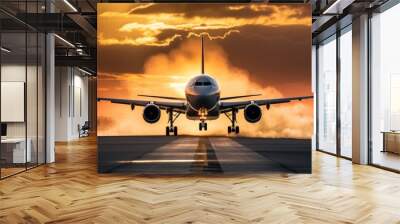 The plane is taking off from the airport runway. From the engine shows the power of flight. Wall mural