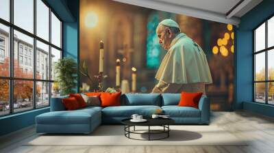 The Pope stands at the altar. It shows respect, faith and loyalty. Dressed in white, a symbol of Christianity. Wall mural