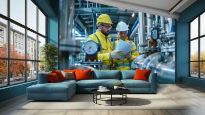 Two factory workers or engineers conduct professional inspection on machine or procedure Wall mural